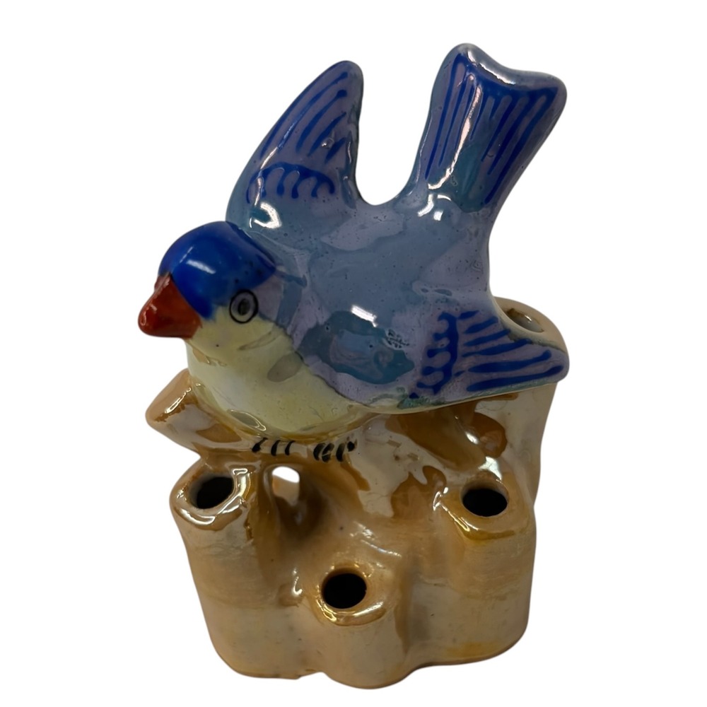 Vintage Japan Bluebird Ceramic Flower Frog Bird Figurine Floral Arranger 3.5"